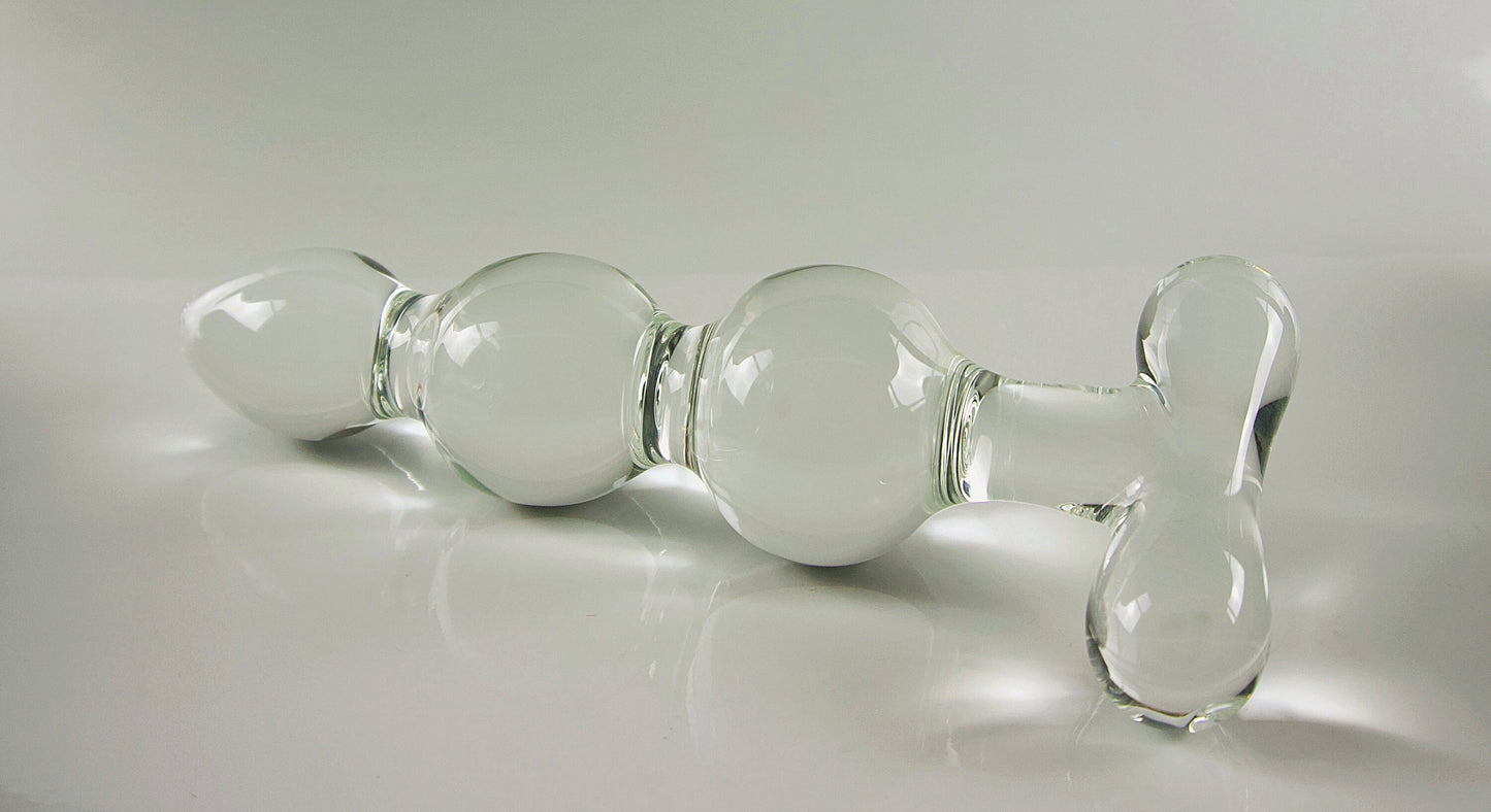 Plug anal/consolador triple de vidrio con mango en T, tamaño mediano