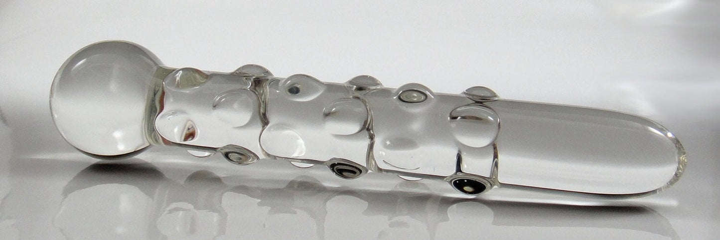 Dildo de vidrio mediano con textura de perno y sonda recta