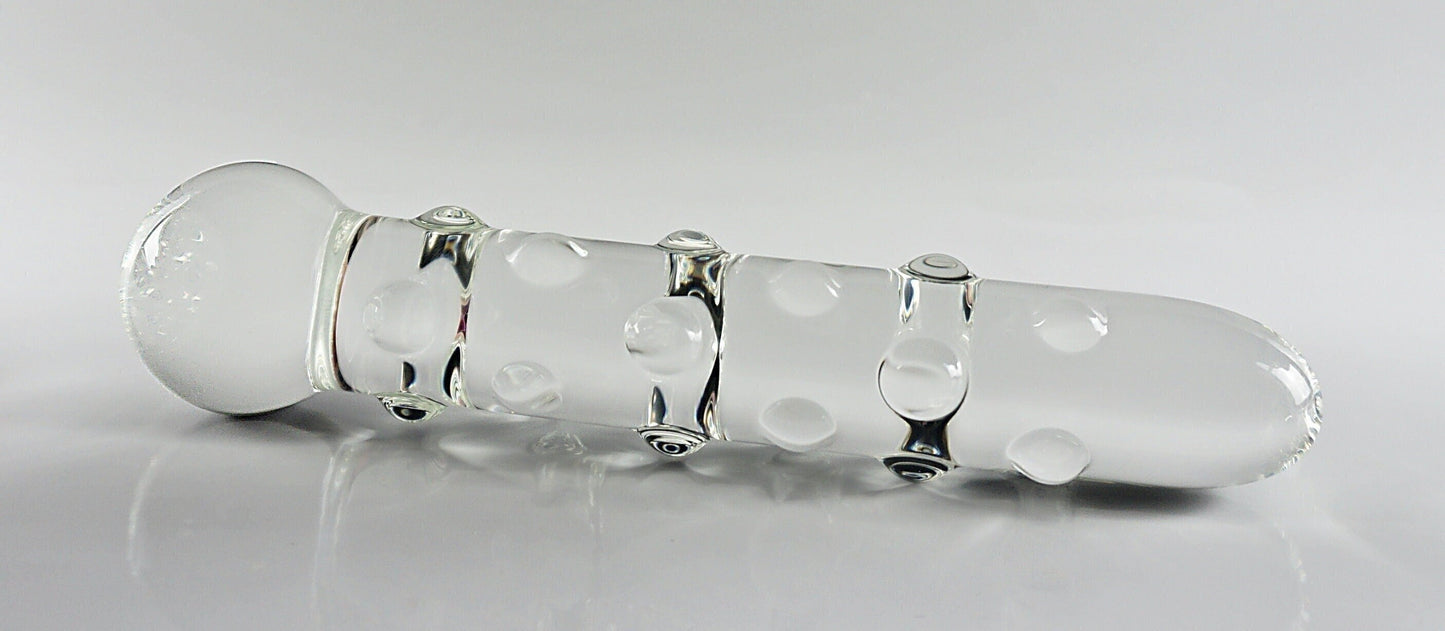 Consolador de vidrio grande con textura de perno y sonda recta