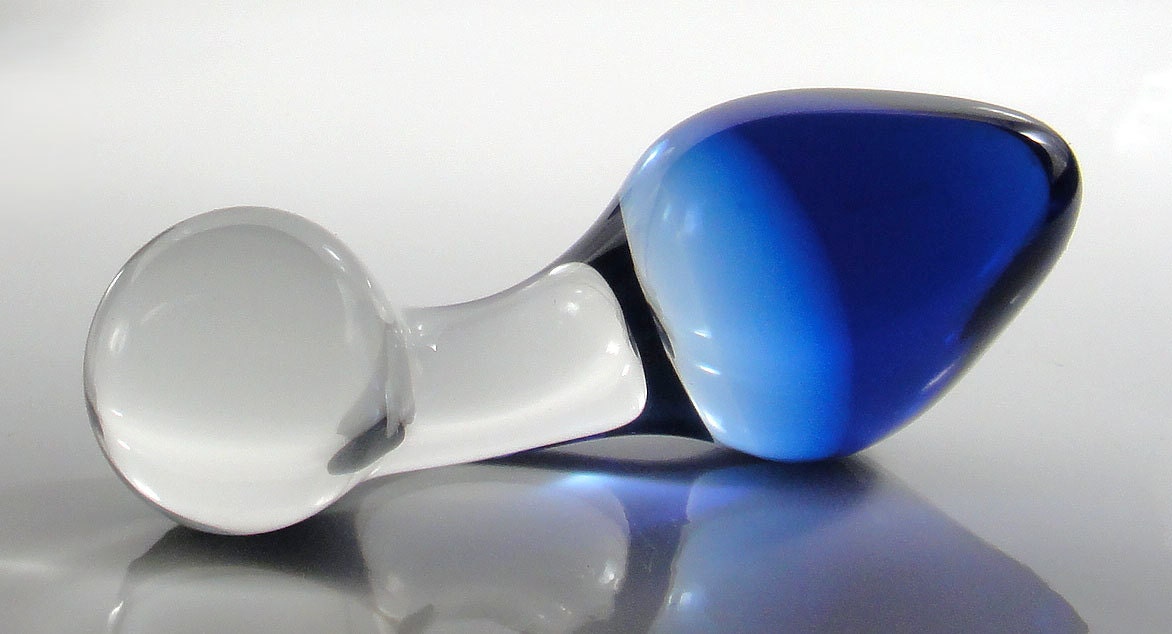 Small BLUE Color-Fade Glass Curved Neck Rosebud Butt Plug