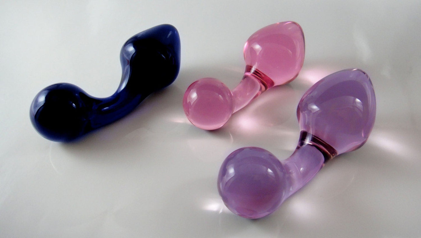 Small VIOLET Purple Glass Curved-Handle Rosebud Butt Plug