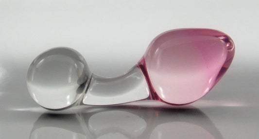 Small PINK Color-Fade Glass Curved Handle Rosebud Butt Plug