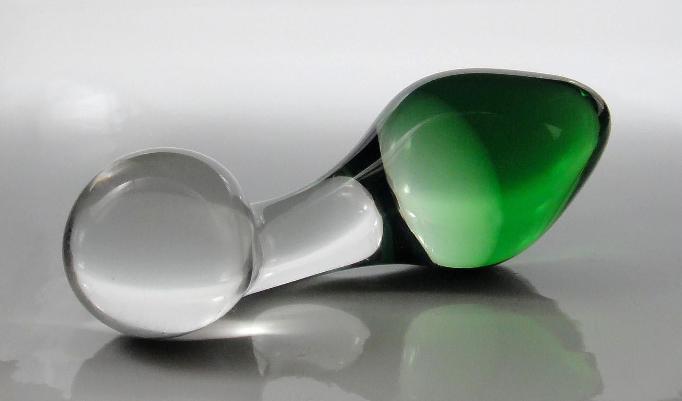 Small GREEN Color-Fade Glass Curved Handle Rosebud Butt Plug